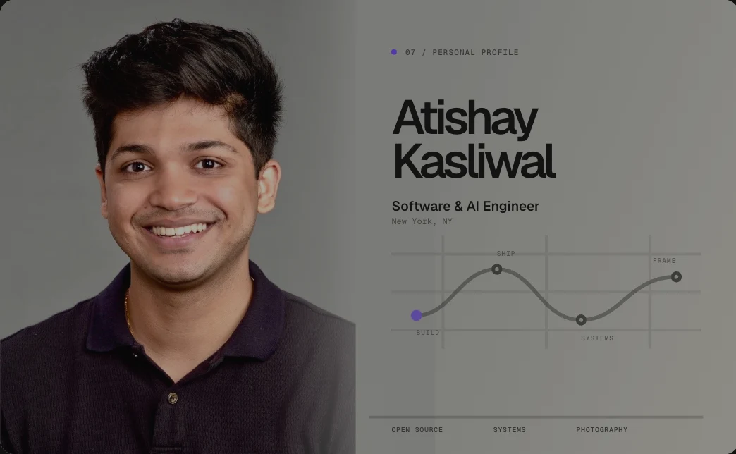 The homepage card for this project: Atishay Kasliwal's portrait, name, role, and a route through what he builds, ships, and cares about