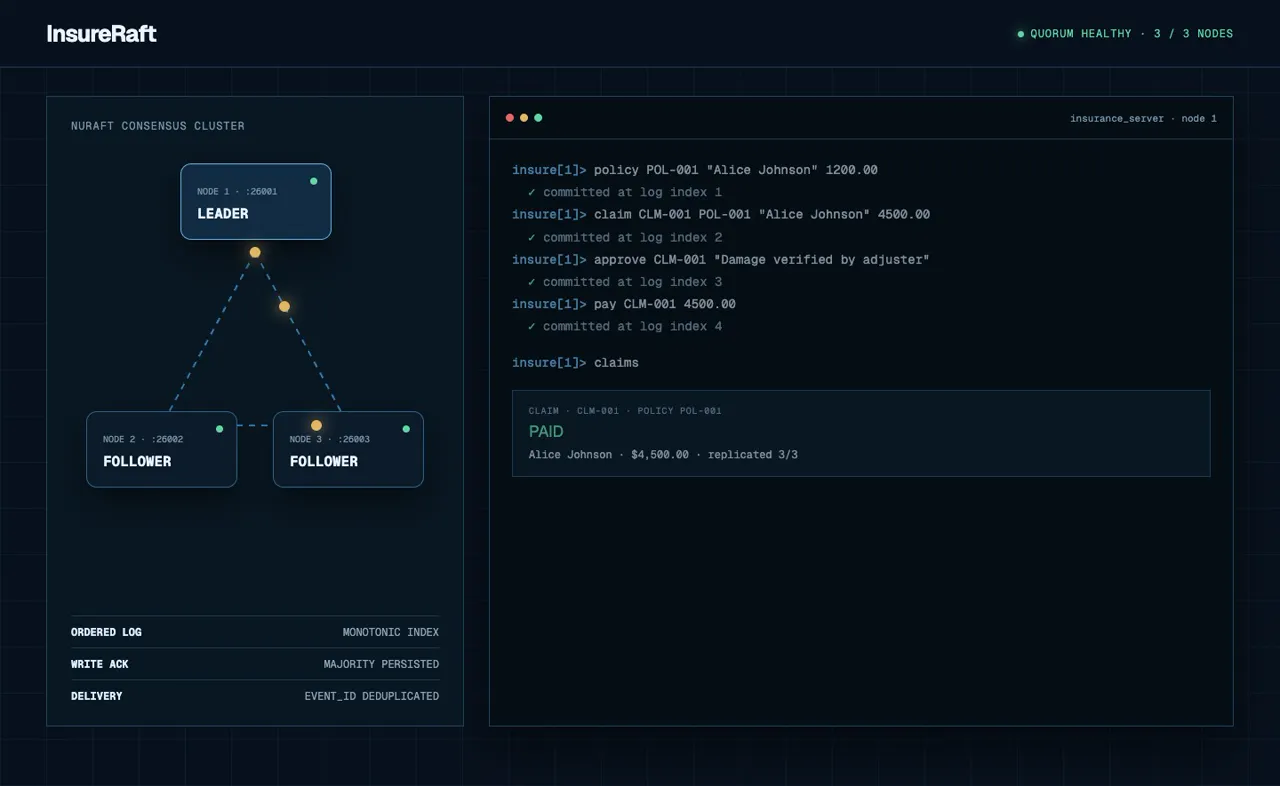 InsureRaft: a leader node and two followers committing an insurance event to a replicated log