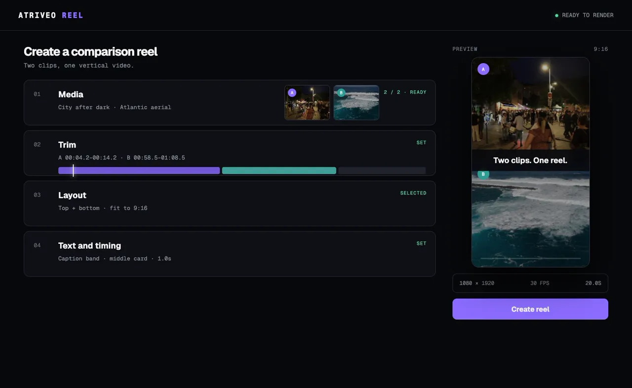 Atriveo Reel: two source clips, a caption band between them, and a 1080×1920 rendered reel